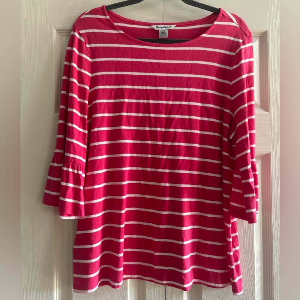 Tommy Bahama Shirt Women’s Size L Pink White Stripe Bell 3/4 Sleeve spring